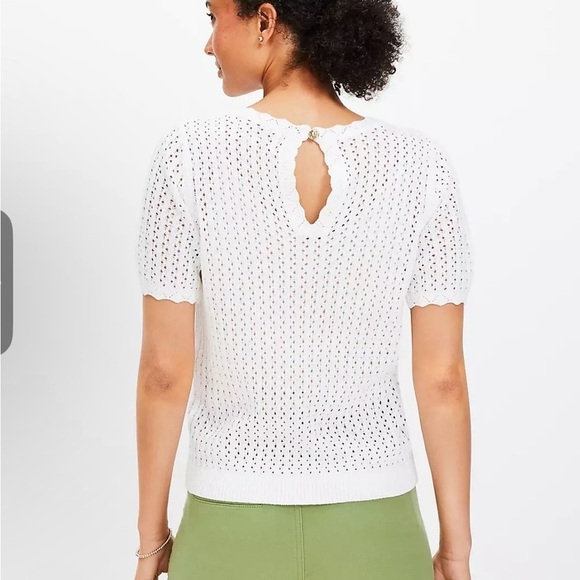 LOFT XS Scalloped Keyhole Back Open Knit Crochet Top Short Sleeved Hippy Boho - Picture 2 of 7